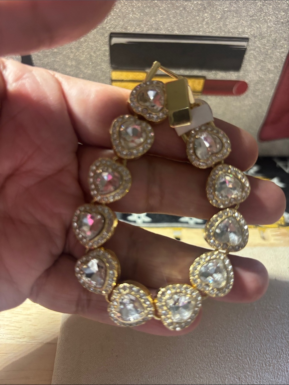 6.5” Gold Heart Crystal Bracelet with Clear Stones - Women Jewelry